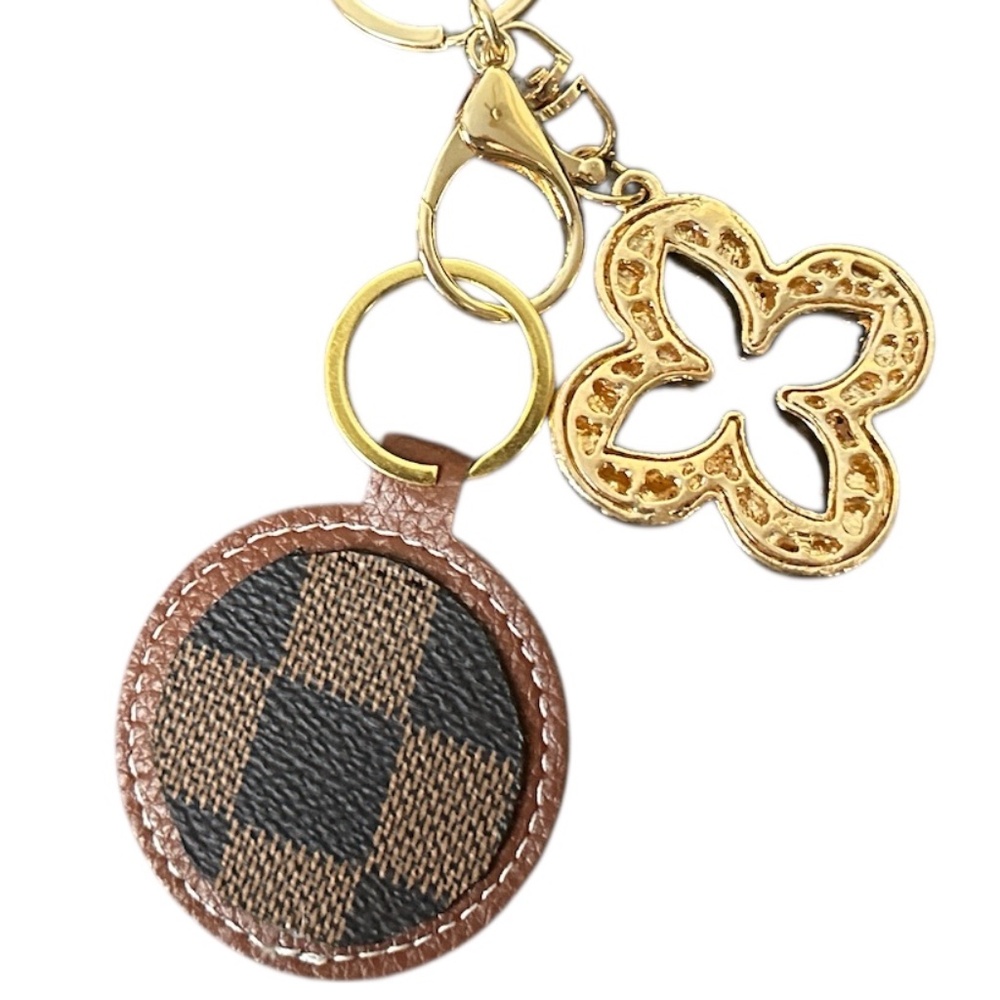 Brown Check Pattern Keychain With Gold Tone Hardw… - image 2
